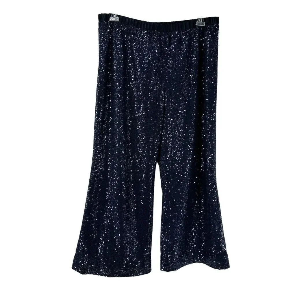 Tahari Luxe Sequin Pants Navy Blue Womens Size 14 Elastic Waist Wide Leg Formal